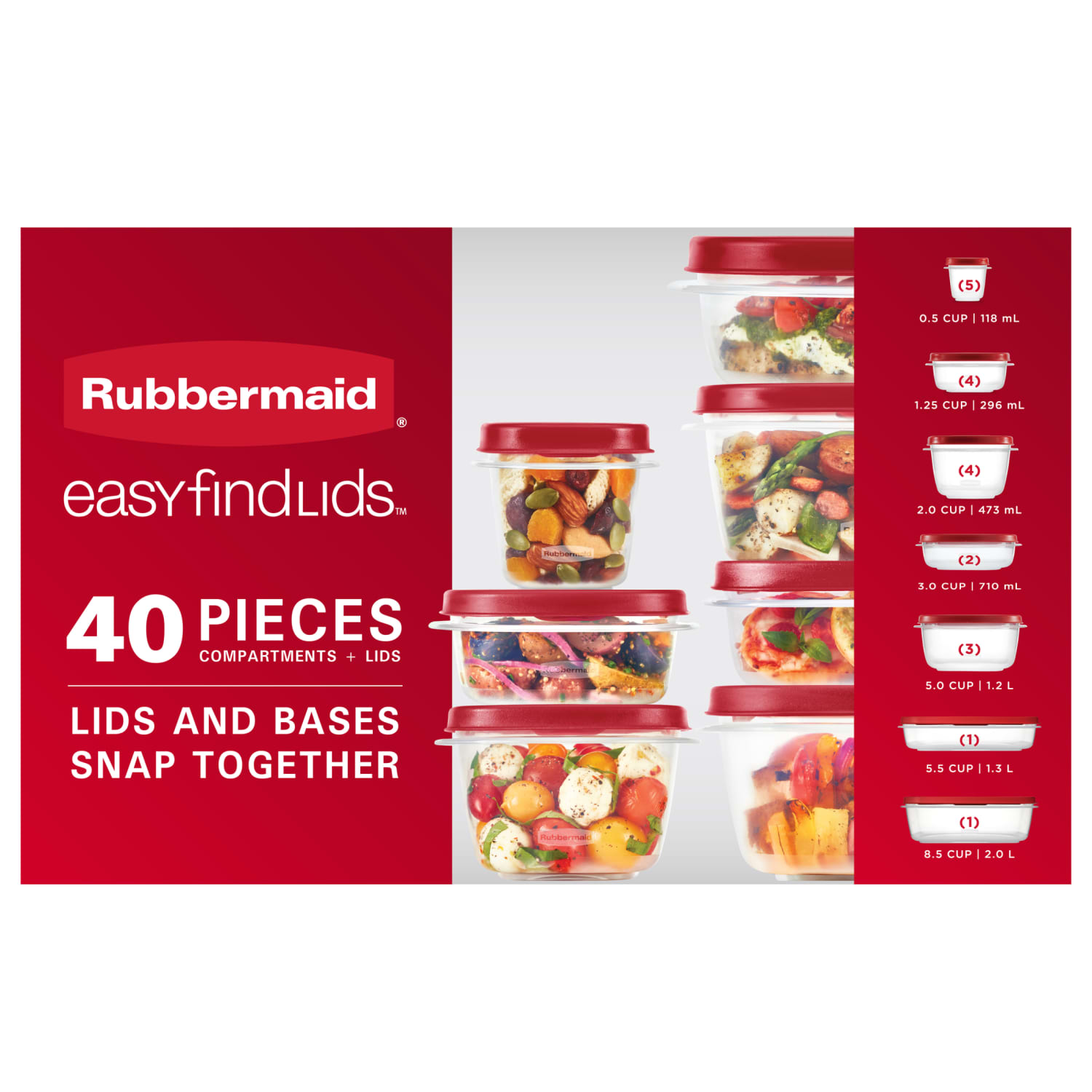 Rubbermaid EasyFindLids 40 Piece Food Storage Containers with Vented Lids Variety Set, Red