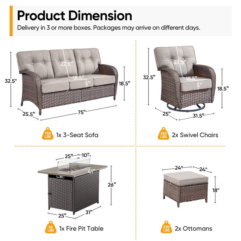 PARKWELL 6-Piece Outdoor Furniture Set with 41-Inch Propane Firepit - Rattan Cushioned Sofa and Wicker Swivel Glider Chairs,Outdoor Seating for Backyard Gatherings, Brown/Beige