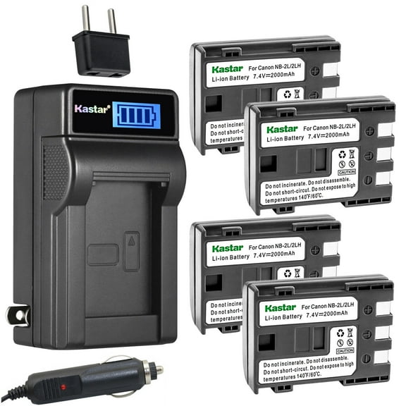 Kastar 4-Pack NB-2L Battery and LCD AC Charger Compatible with Canon NB-2L NB-2LH, NB-2L12 NB-2L14 NB-2L24, BP-2L5, BP-2LH Battery, Canon CB-2LW CB-2LWE Charger, Canon DS126071 E160814 Cameras