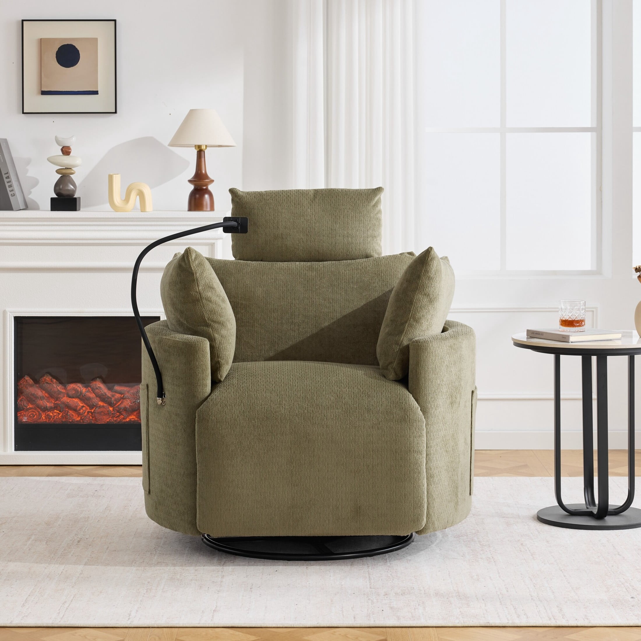 Noble House Sigrid 360° Swivel Rocking Recliner Chair, Electric Power Adjustable Chenille Armchair with USB, Light Green