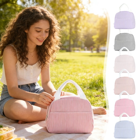 Dmlowu Lunch Bag for Women, Striped Lightweight Handheld Insulated Lunch Bag with Handle, Waterproof Oil Proof Lunch Box for Office Commute Work Picnic