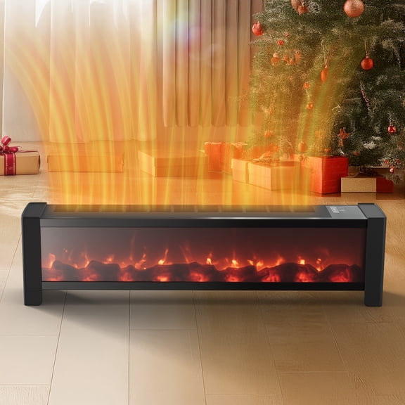 33" Cozy Baseboard Heater 1500W Electric Fireplace with Realistic Flame, Top Air Outlet, Remote, Thermostat, 12H Timer, Overheat Protection, Heater for Large Room Office