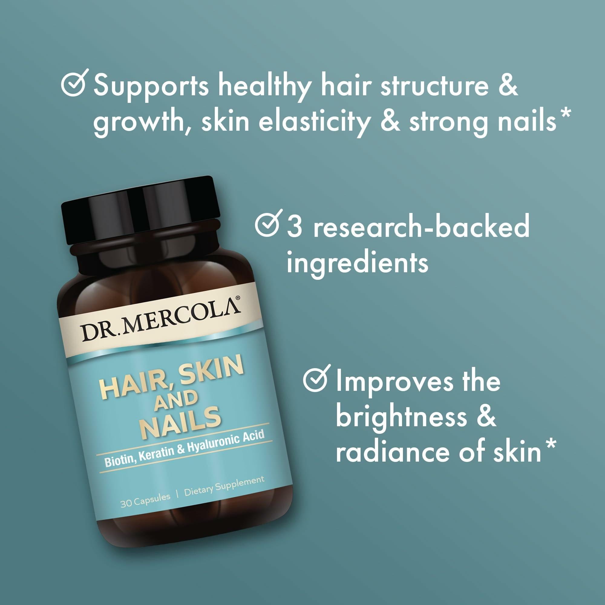Dr. Mercola Hair, Skin and Nails - Provides Biotin, Keratin & Hyaluronic Acid - high Quality - Supports Healthy Aging - Non-GMO, Gluten-Free & Soy-Free - 30 Capsules (3 Pack)