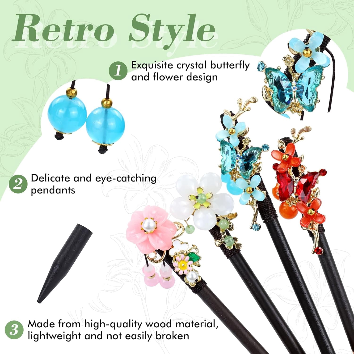 8pcs Wooden Hair Sticks, Chinese Wood Hair Pins with Tassel Pendants, Crystal Beads Flower Long Hair Chopstick Picks With Charm for Twist Bun Holder Fork Hair Slides Hair Accessories for Women