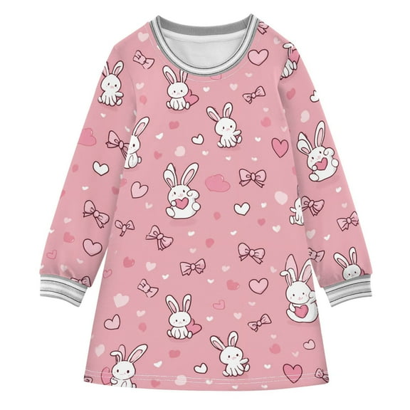 Girls' long-sleeved dress Rabbit Bow Love Heart Girls' A-line dress with ribbed cuffs Soft and comfortable