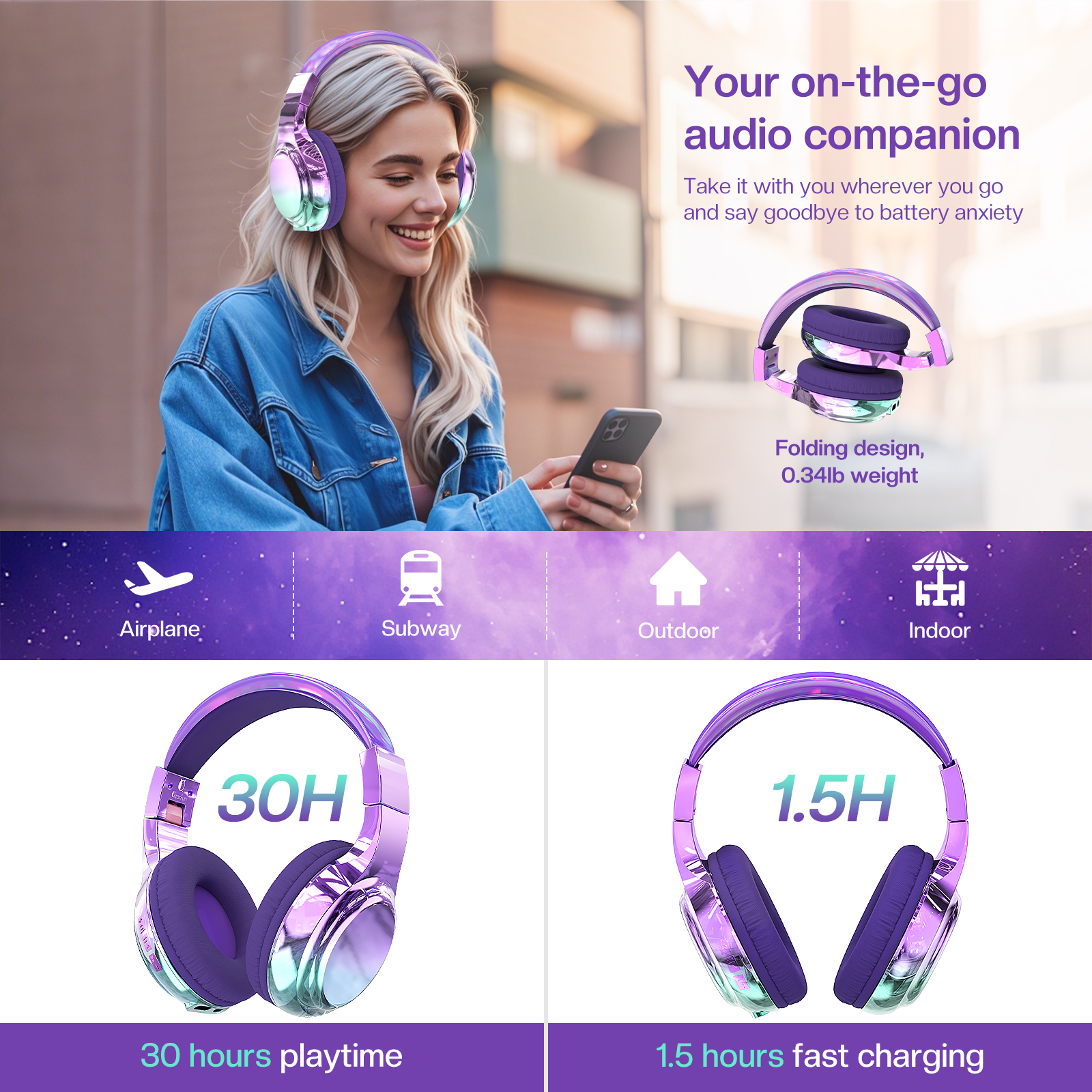 Qearfun Bluetooth Kids Headphones, Purple photo 3