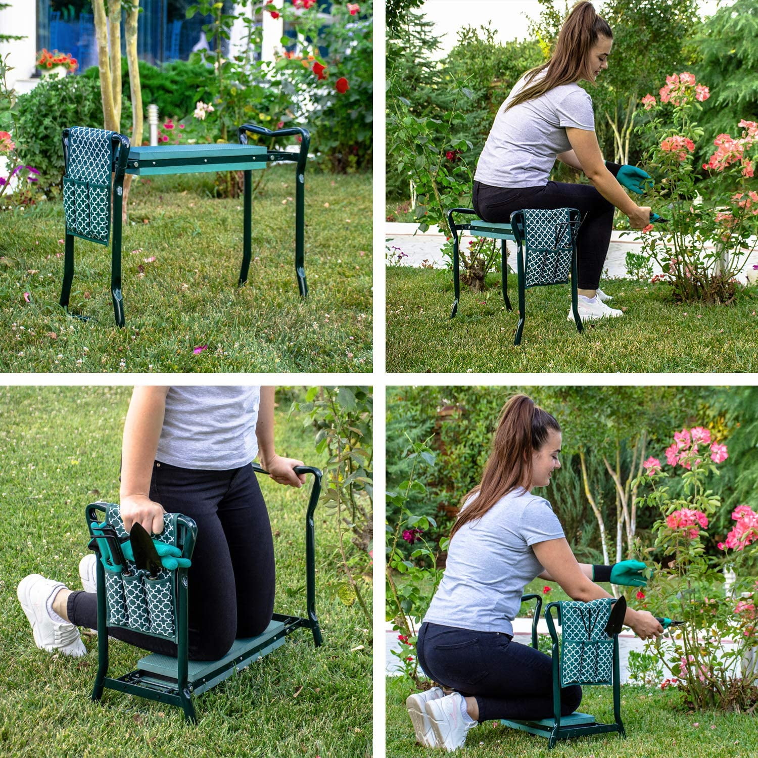 Cesun Garden Kneeler and Seat with Thick Kneeling Pad and Tool Bag Foldable Garden Stool Sturdy Garden Accessories Grass Green