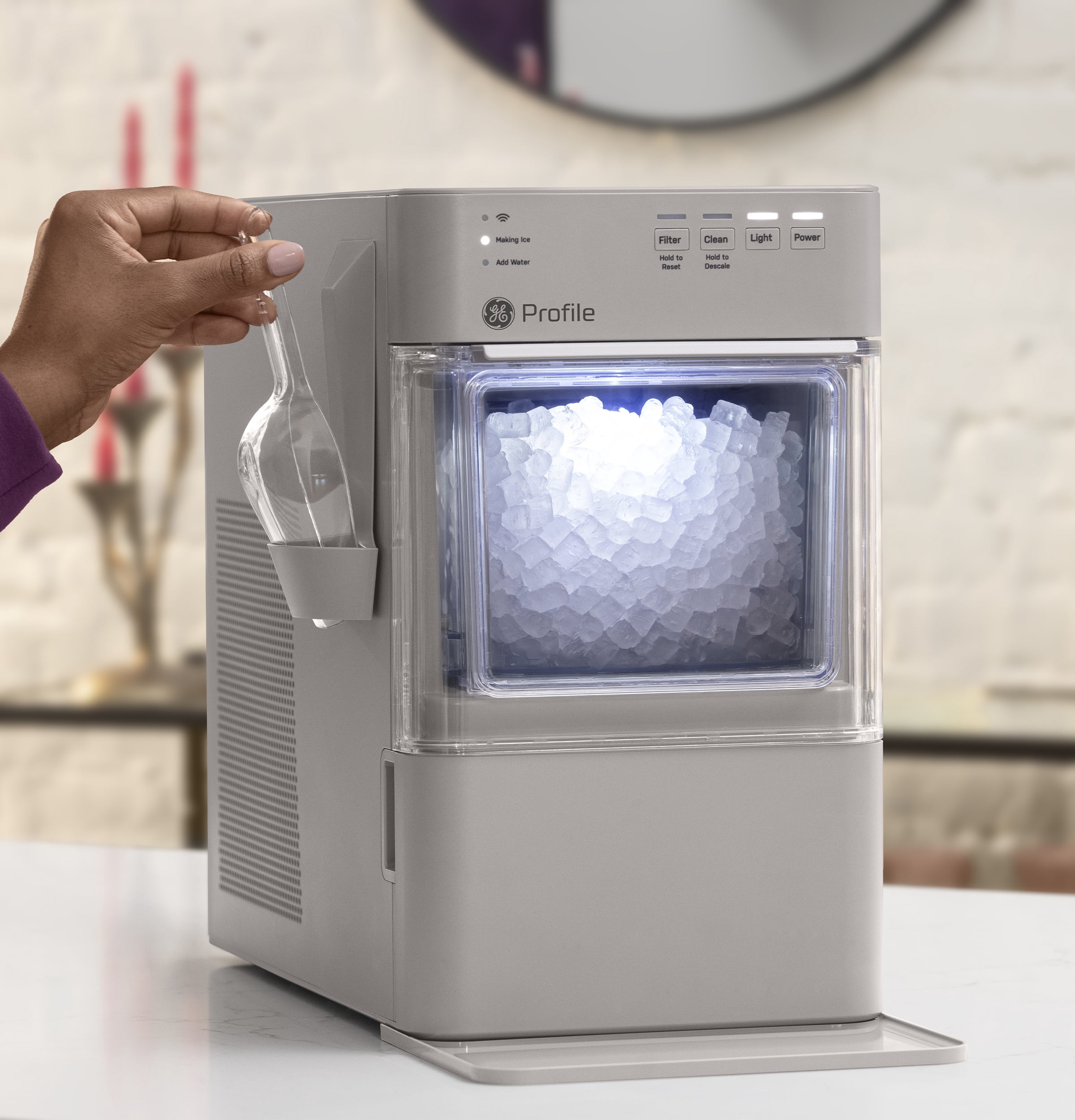 GE Profile Opal Mini Countertop Nugget Ice Maker WiFi Connected Auto Clean Stone Grey