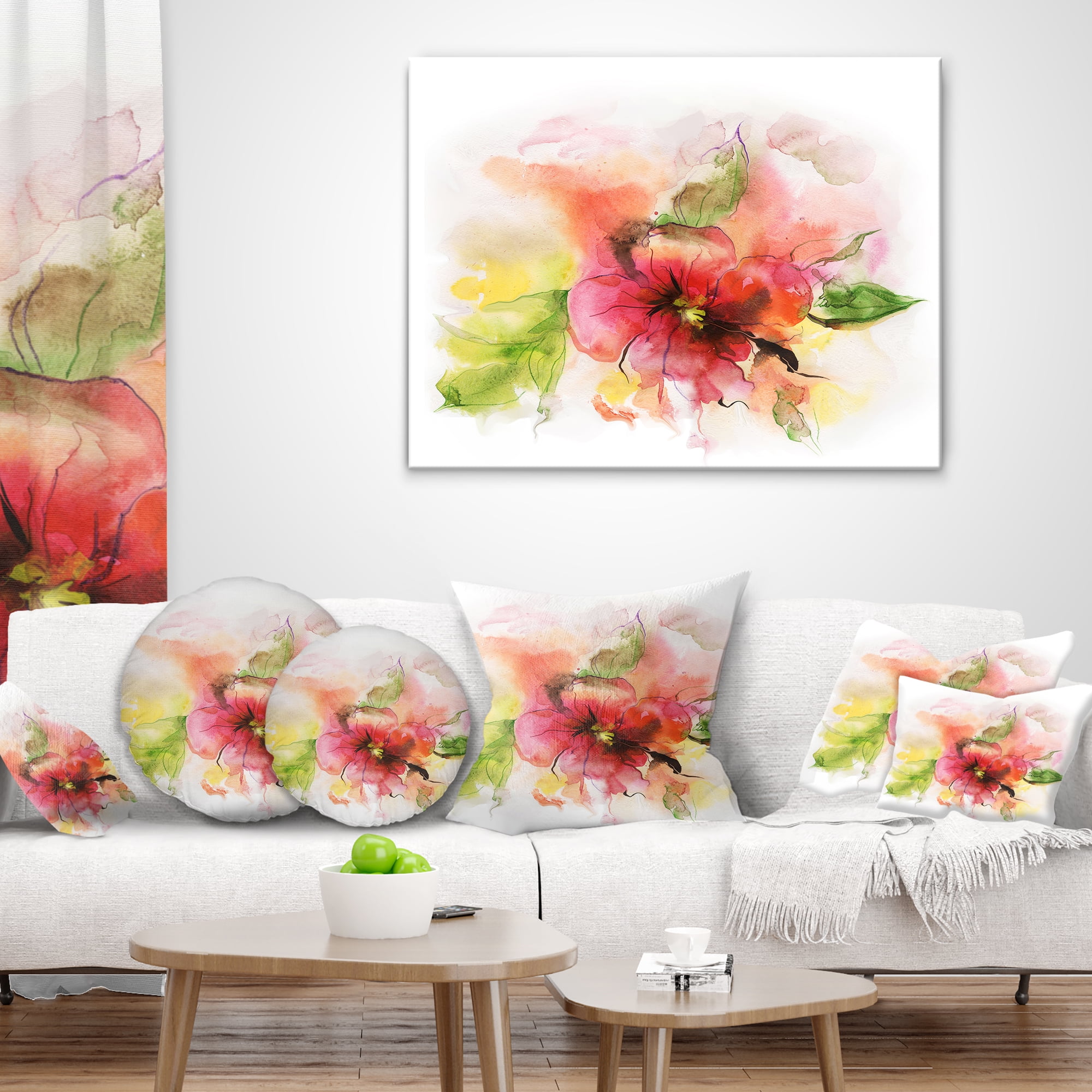 Designart Pink and Red Floral Design - Watercolor Floral Throw Pillow - 16x16