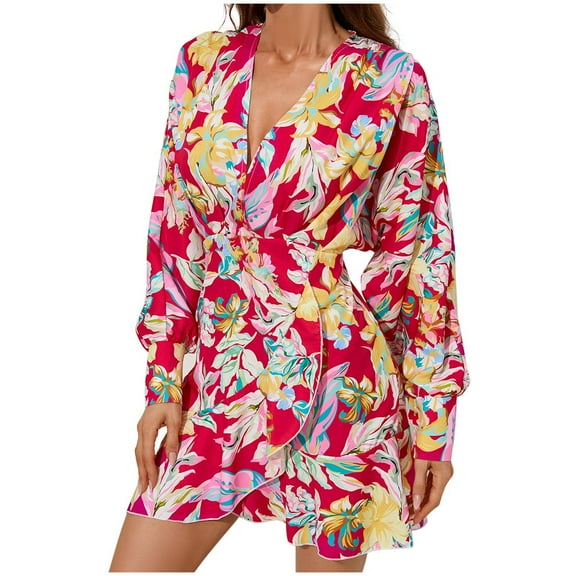 Puff Sleeve Wrap Dress for Women Slim Waist Floral Printed Short Dress Deep V-Neck Ruffle Hem Mini Dresses