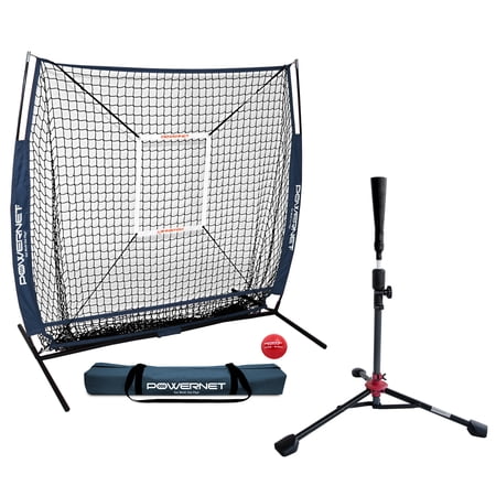PowerNet Baseball Net Bundle 5x5 Hitting & Pitching Net with Baseball Tee Softball Baseball Training Equipment Weighted Ball & Bag (Navy Net & Tee)