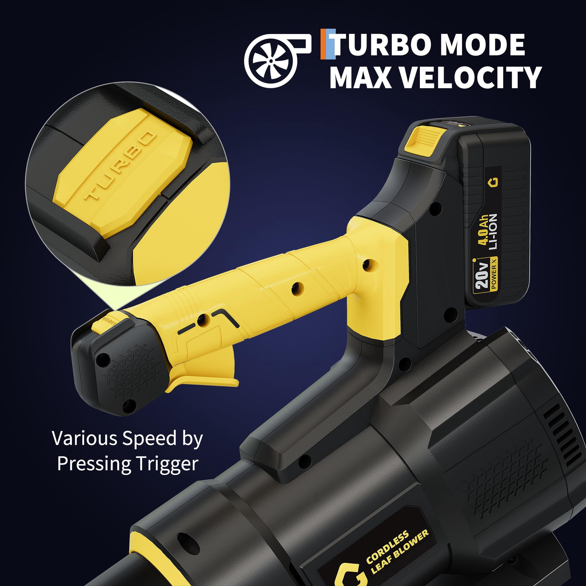 20 v Cordless Leaf Blower, 350 CFM Battery Blower with 4.0 Ah Battery & Charger, 250 w Portable Lightweight Leaf Blower for Driveway, Patio Lawn & Yard Cleaning - Yellow