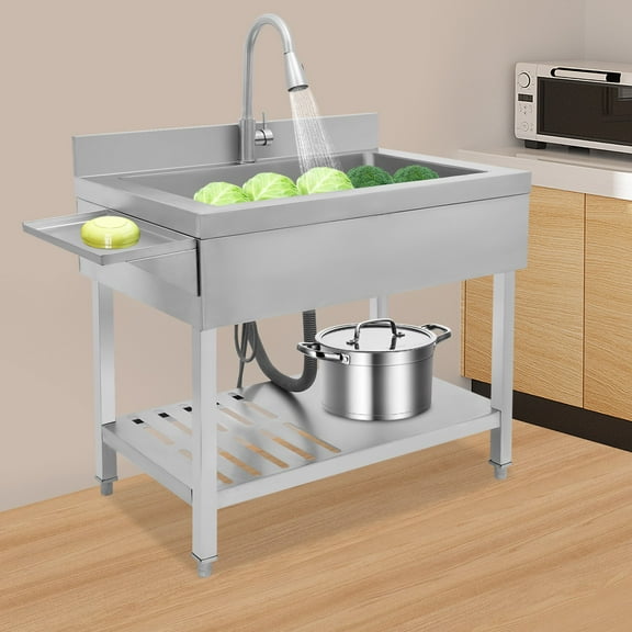 Silver Stainless Steel Single Bowl Sink, 35.4" x 22.4" x 37" Commercial Kitchen Sink Freestanding Prep & Utility Sink with Cold and Hot Water Faucet for Kitchens, Bathrooms, Garage, Laundry Room