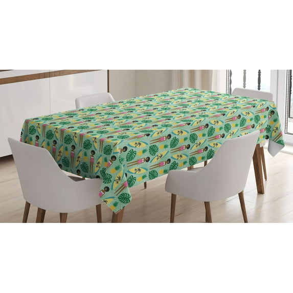 African Woman Tablecloth, Surfing Vacation Female in Swim Suit Board Palm Trees Tropical Illustration, Rectangle Satin Table Cover for Dining Room and Kitchen, 60" X 90", Multicolor, by Ambesonne