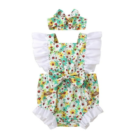 

Baby Kids Girls Sleeveless Ruffle Bow Floral Romper jumpsuit+Headband Set