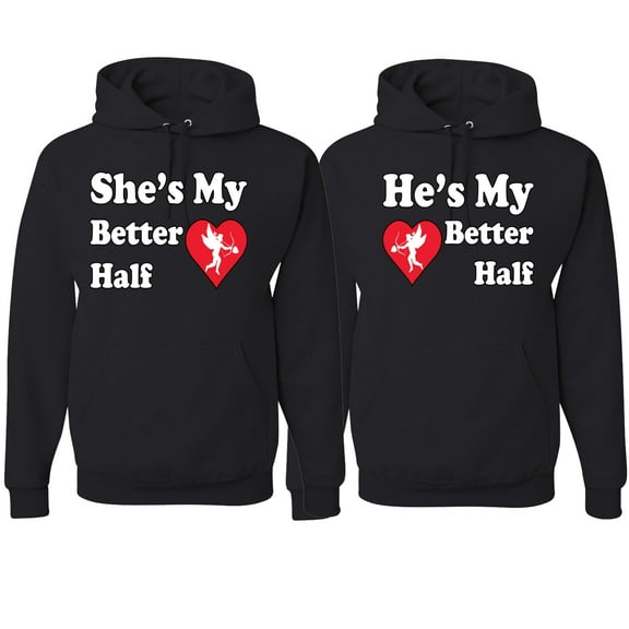 Wild Bobby, She Is My Better Half He Is My Better Half Cupid His and Hers Matching Couples Hoodies, Black, Mens S-Womens S