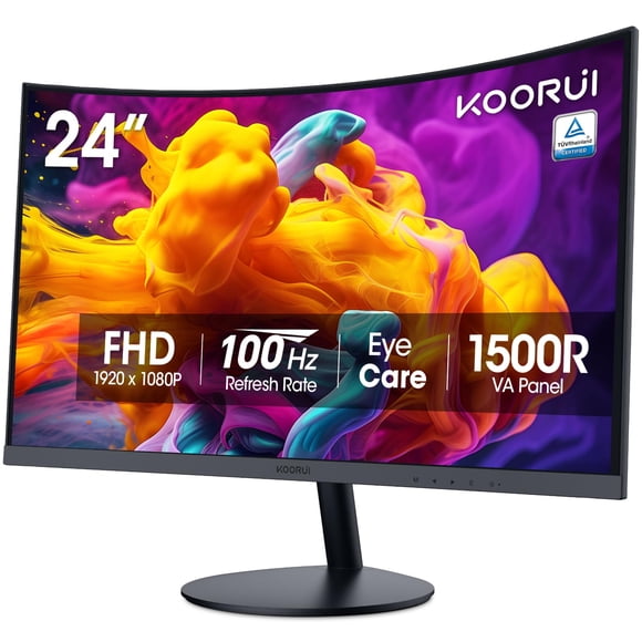 KOORUI 24 inch Curved Monitor, Full HD 1080P Curved Computer Monitor, 100Hz 1500R PC Screen, TÜV Rheinland Certified, HDMI VGA, Tilt Adjustment,