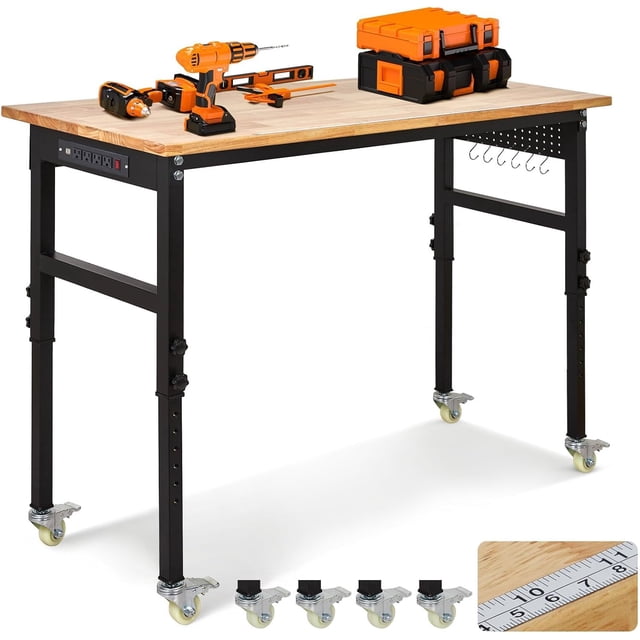 Établi Réglable de 60 Po avec Prises Électriques et Roues, Capacité de 2000 Lb, Table de Travail de Garage Robuste avec Panneau Perforé et Dessus en Bois de Caoutchouc