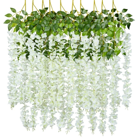 8 Pack White Artificial Fake Wisteria Vine Ratta Hanging Garland Silk Flowers String Party Home Wedding Decor, 3.75 Feet/Piece