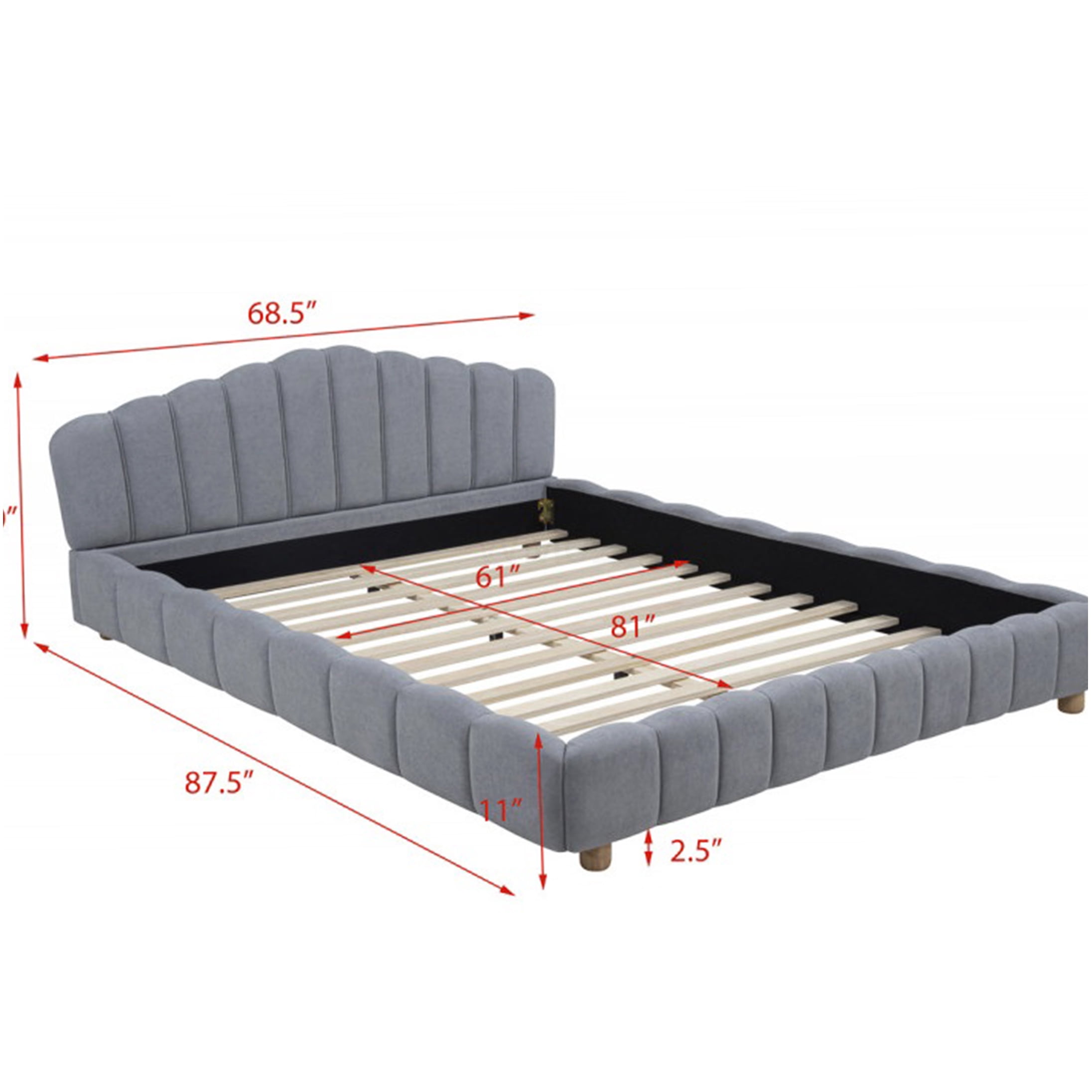 Modern Low Profile Queen Bed Frame with Upholstered Headboard, Light Blue Velvet Platform Bed, No Box Spring Needed