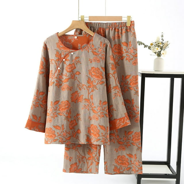 Ensemble de Pyjama Jacquard Pur pour Femmes avec Manches 3/4 et Col Incliné pour Tenue de Maison Confortable