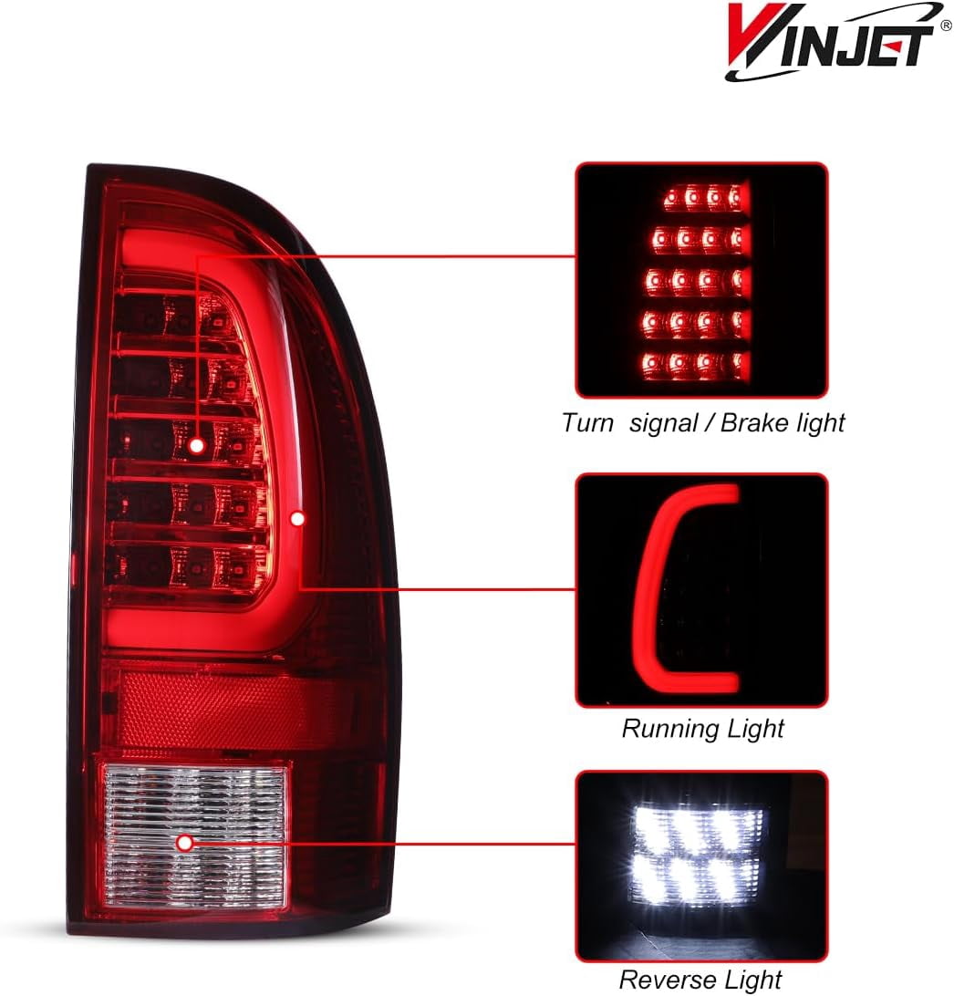 Winjet LED Tail Light Assembly Fit For 2005-2015 Toyota Tacoma,Full Led Taillight Replacement w/Red Sequential Turn Signal/Running/Brake/Reverse Light (Black Housing Red Lens)