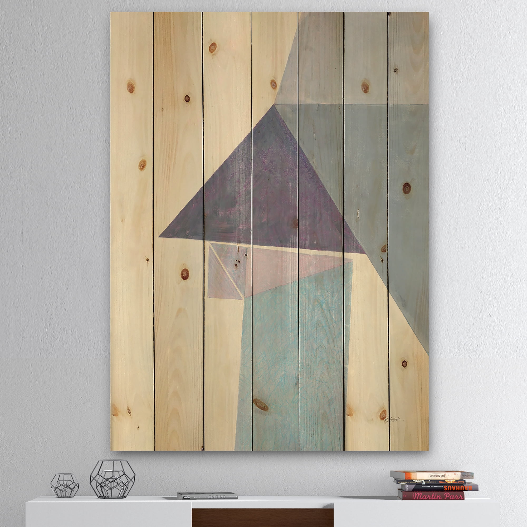 Designart 'Geometric Purple Bridge I' Mid-Century Modern Print on Natural Pine Wood