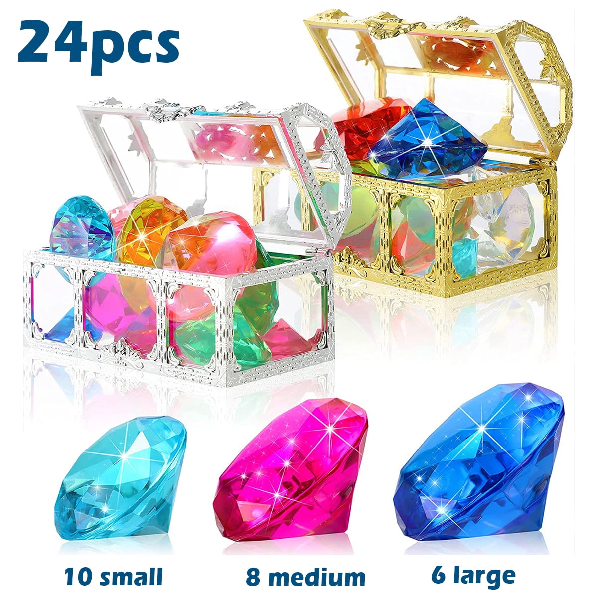 24 Pcs Diving Gems Swimming Pool Toys And 2 Treasure Chest Box
