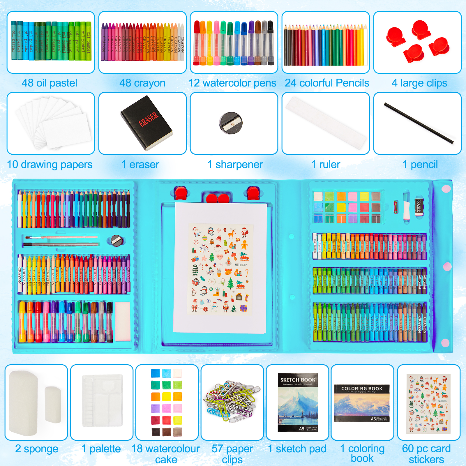 KINSPORY 290 Pack Drawing Coloring Art Set with Double-Side Trifold Art Easel, Creative Supplies Gift for Artists Beginners Kids Boys Girls (Blue)
