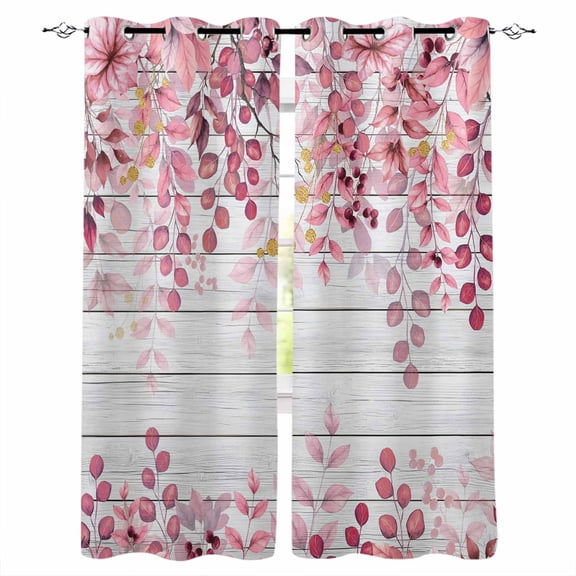 Fsddascl Pink Eucalyptus Leaves Blackout Curtains for Bedroom/Living Room, Thermal Insulated Kitchen Curtains, Summer Botanical Farmhouse Rustic Wood Grommet Darkening Window Treatment 42"x84"x2