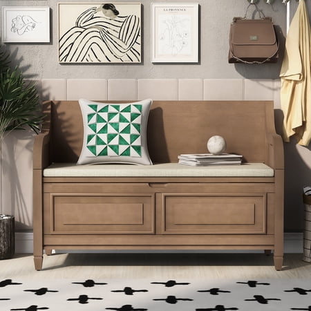 Bellemave Flip Top Storage Bench with Hinge, Wooden Bench with Removable Cushion for Entryway, Hallway, Mudroom, Bedroom (Brown)