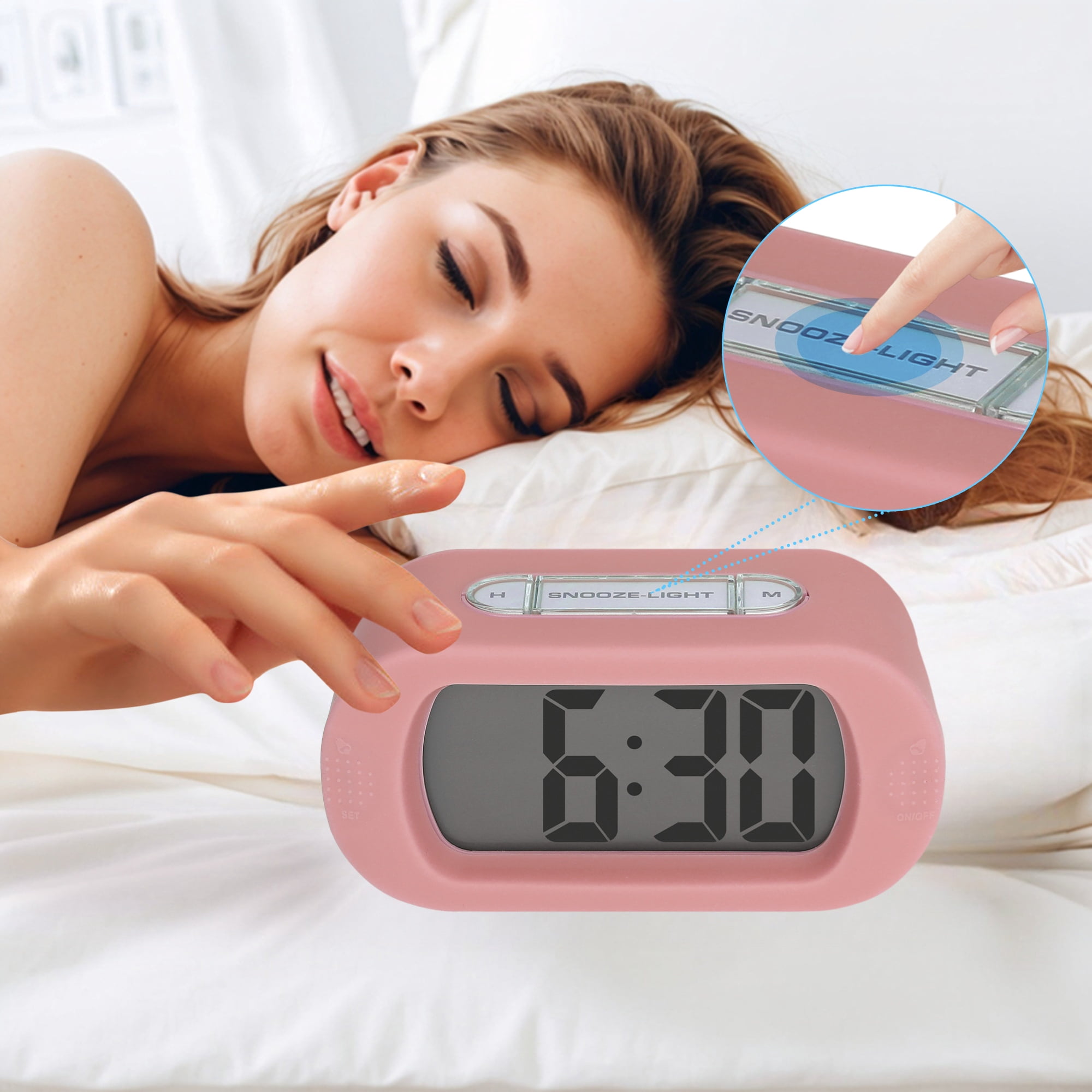Unique Bargains 2 Pcs Oval Digital Alarm Clock Adjustable Alarm Snooze Pink/Gray