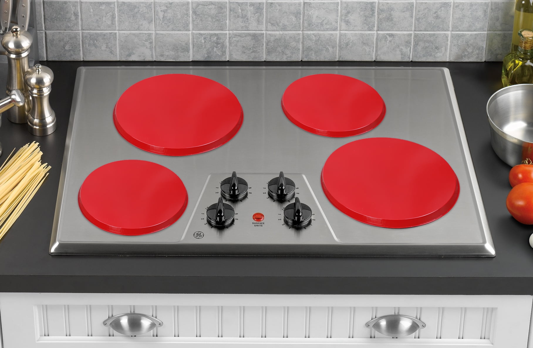 Round Electric Stovetop Burner Cover Set of 4, Red