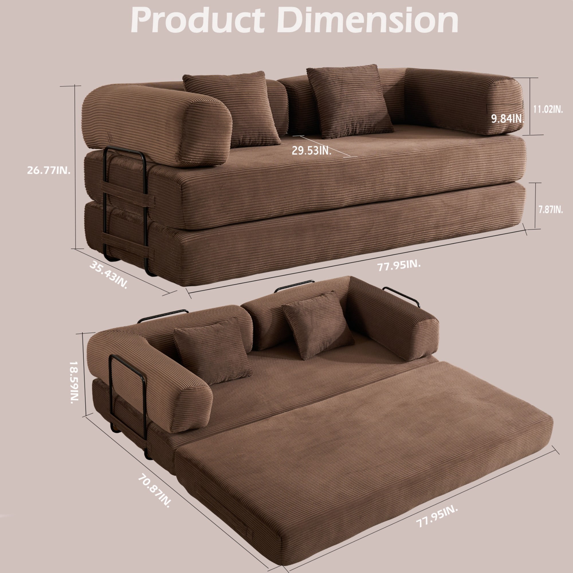 BSHTI 77" Corduroy Convertible Sleeper Sofa Bed with Cylindrical Pillow, No Assembly, Small Space for Living Room（Brown）