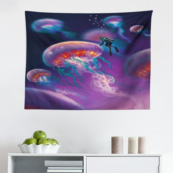 Fantasy Tapestry, Mythical Phoenix Bird Shaped Fluffy Cloud in Sunset with Plane Freedom Paint Print, Fabric Wall Hanging Decor for Bedroom Living Room Dorm, 2 Sizes, Cream Blue, by Ambesonne