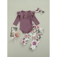 thumbnail image 2 of Qiylii Baby Girls Outfits Ribbed Fly Sleeve Bodysuit+Flower Trousers + Headband, 2 of 8