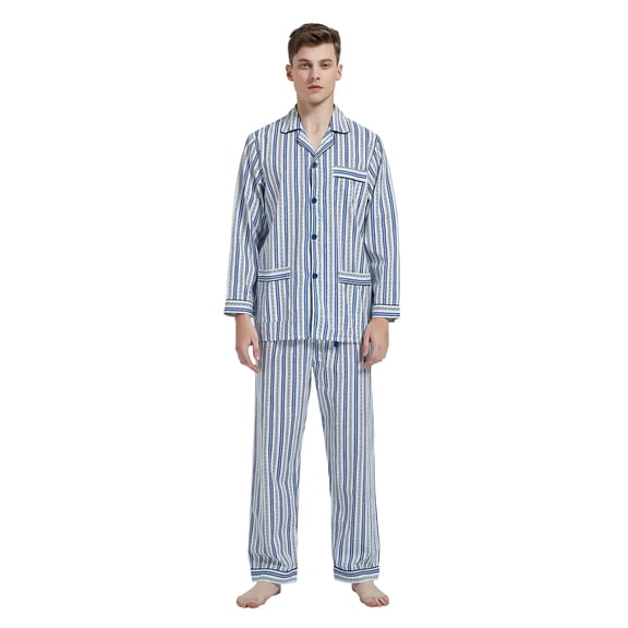 Amaxer Men 100% Cotton Pajama Set For Men Lightweight Soft Nightwear Long Sleeves PJS With Pockets