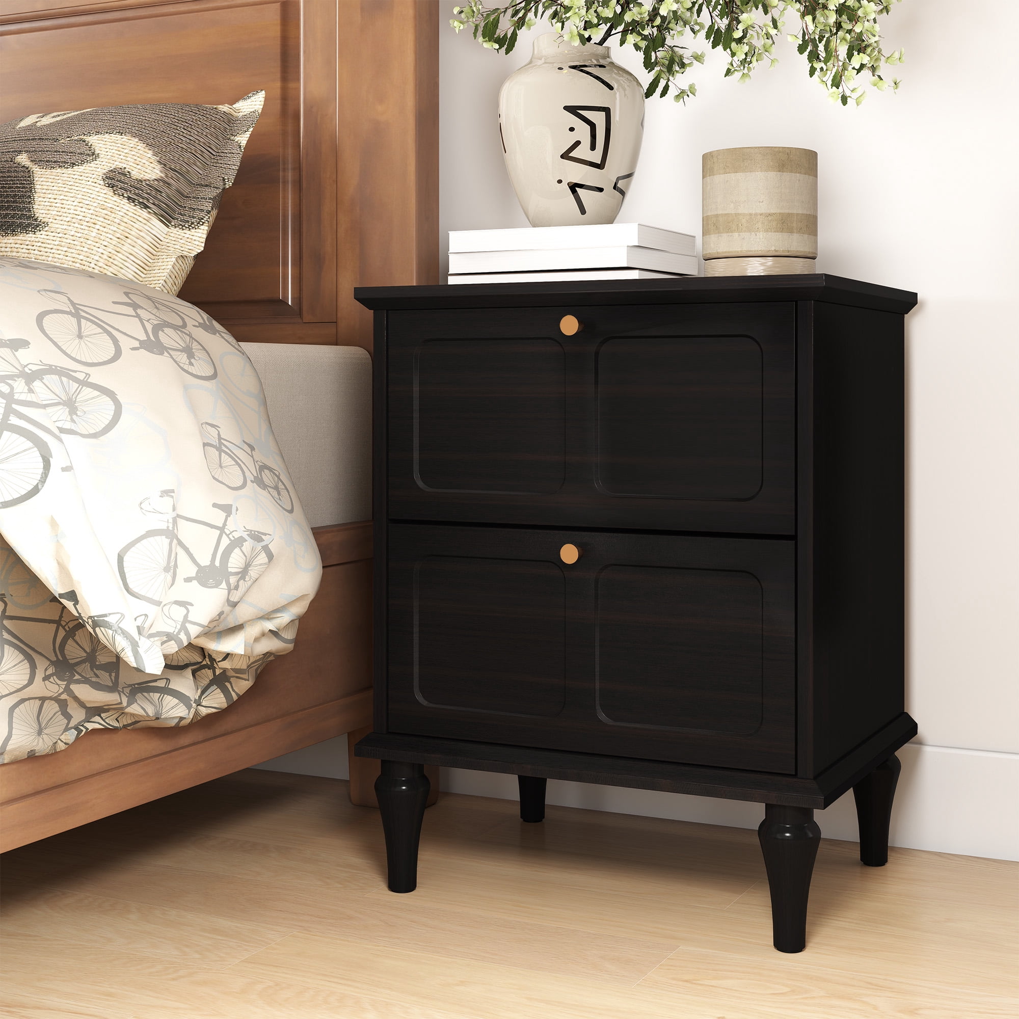 HLR 20" Mid Century Nightstands Set of 2 with Drawers, Wood Bedside Table End Table for Bedroom, Black