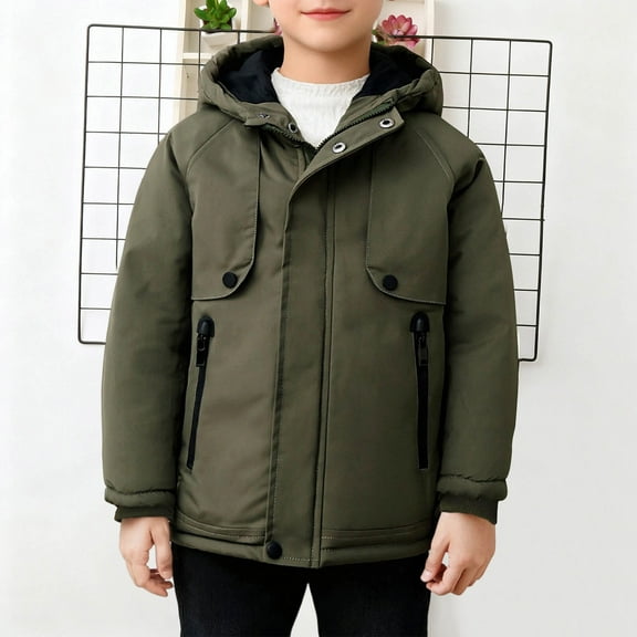 Cethrio Boys Winter Coats Size 10-12, Full Zip Windproof Thickened Warm Winter Outerwear with Hood Army Green Size 10-12
