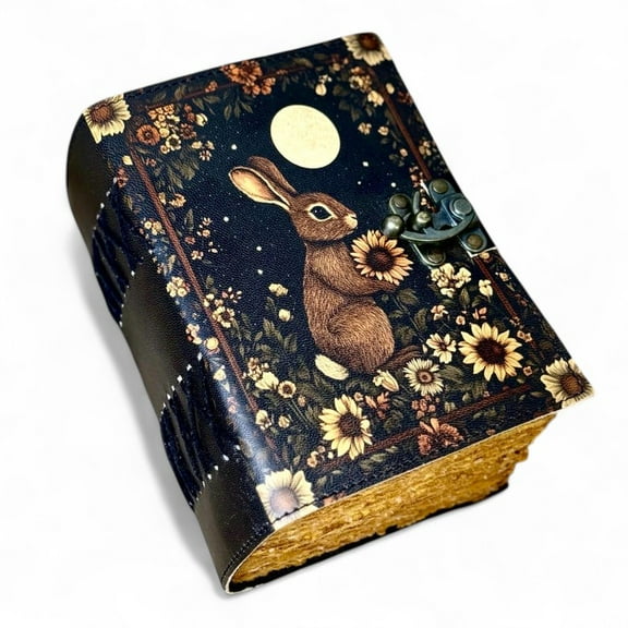 Handmade Leather Journal with Moon & Rabbit Artwork – 5x7 Inch Vintage Notebook with 200 Deckle Paper Pages, Antique Clasp, Rustic Animal-Themed Writing Diary