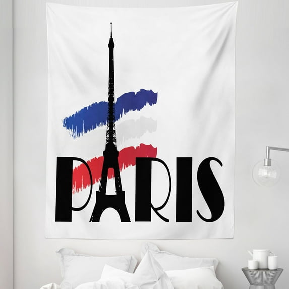 Hipster Tapestry, Paris Typography with Eiffel Tower and France Flag Tone Europe Image, Fabric Wall Hanging Decor for Bedroom Living Room Dorm, 5 Sizes, Black Navy Blue Red, by Ambesonne