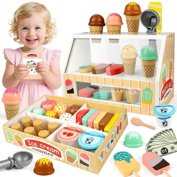UQN Ice Cream Toys for Kids, Wooden Toys Play Food Sets for Kids Kitchen, Kids Wooden Ice Cream Playset, Pretend Play Toys Christmas Birthday Gifts for Toddlers Girls Ages 3 4 5 6 Years