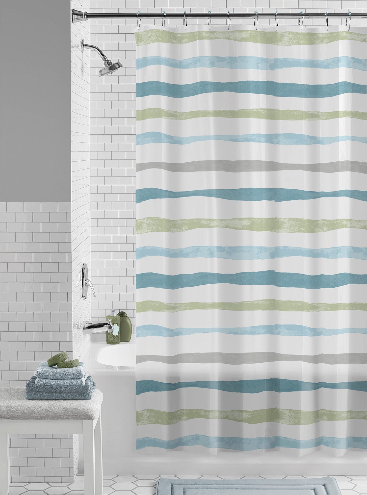Mainstays Waterproof 30% Recycled PEVA Watercolor Stripe Shower Curtain Set & Hooks, 13-Piece, Blue