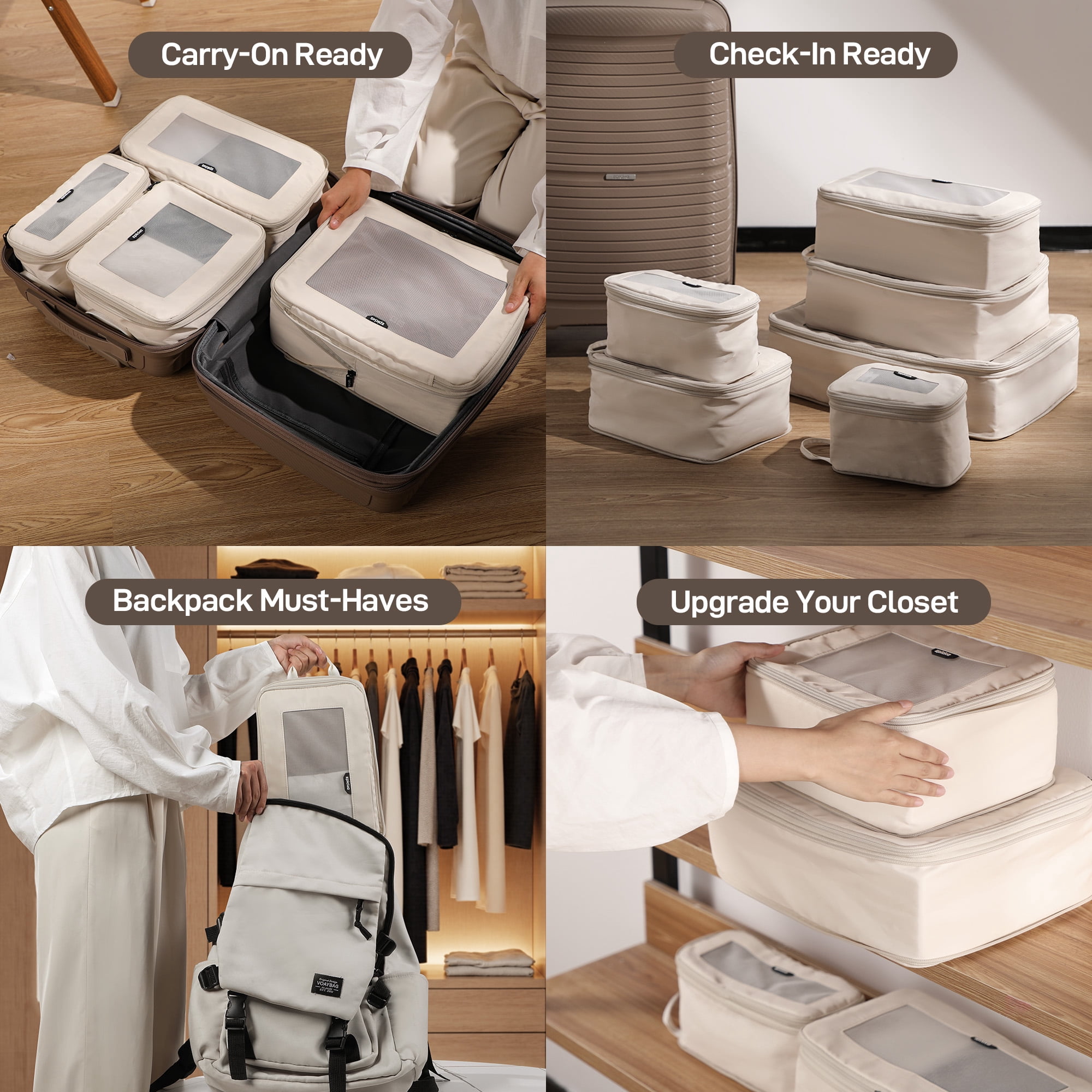 EPICKA TripCozy Compression Packing Cubes - 4 Set Durable Travel Organizer Bags with Mesh Top for Carry on (Beige)