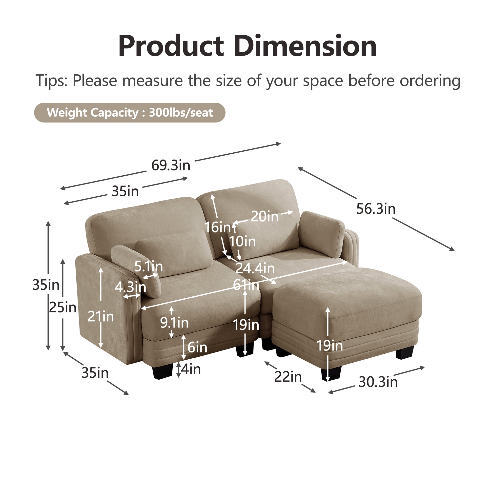70" Modern Modular 2 Seater Loveseat Sofa Couch with 1 Ottoman and 4 Pillows