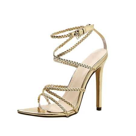 

Staron Women s High Heels Summer Cross Lace-up Shoes Golden Shiny Sexy Stilettos Sandals