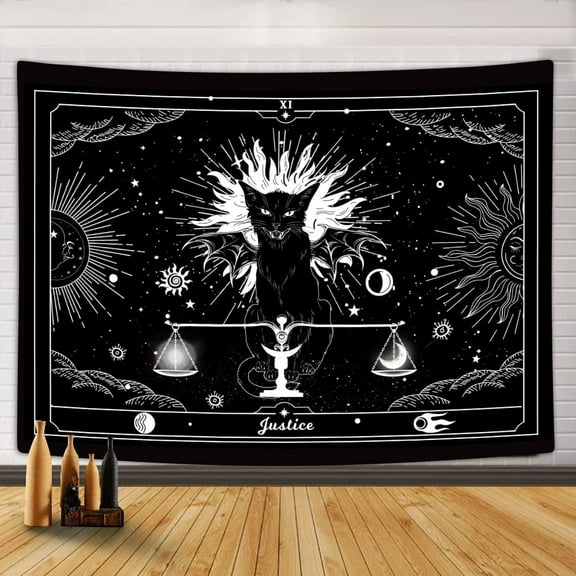 Gothic Tarot Cat Tapestry Black and White Wing Bat Cat Tapestry for Men Gothic Witch Moon Cool Anime Tapestries, Hippie Spooky Monster Aesthetic Tapestry Wall Hanging Decor for Bedroom Dorm (60X40)