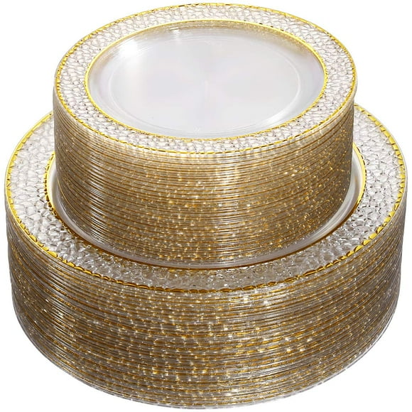 Platos de plástico Nervure, 102 unidades, dorados, desechables, transparentes, para fiestas