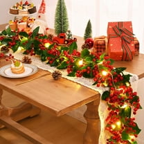 BOPORO 6Ft Christmas Holly Red Berry Garland with 6.56Ft Lights, Lighted Christmas Winter Prelit Garland Decorations for Home Fireplace Gate Stairs Mantle Table Indoor Outdoor Christmas Tree Decor