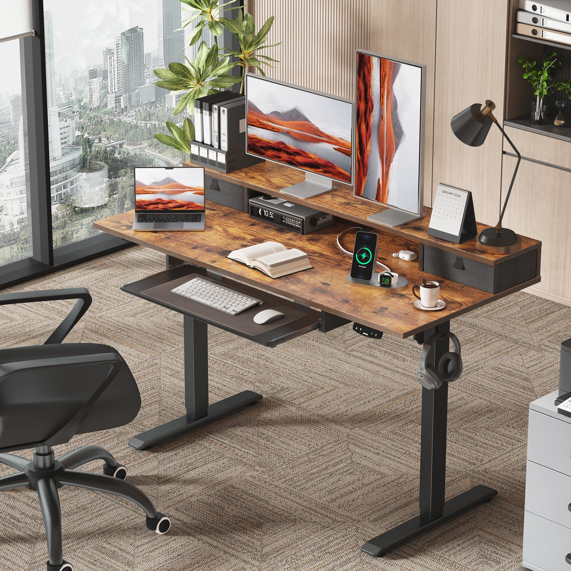 47.2 Inch Electric Standing Desk with 2 Drawers & Keyboard Tray, Adjustable Home Office Desk Ergonomic Sit to Stand Computer Desk with Hooks for Gaming & Work,Light Rustic Brown